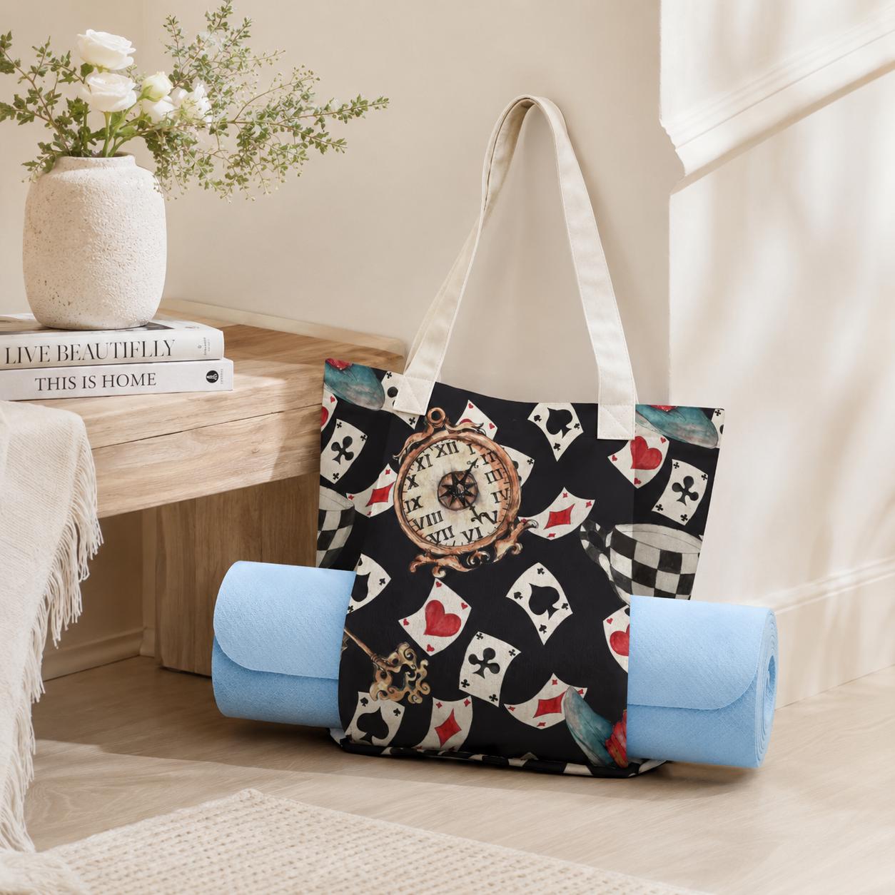 Black Playing Card and Vintage Clock Print Tote Bag with Light Blue Panels