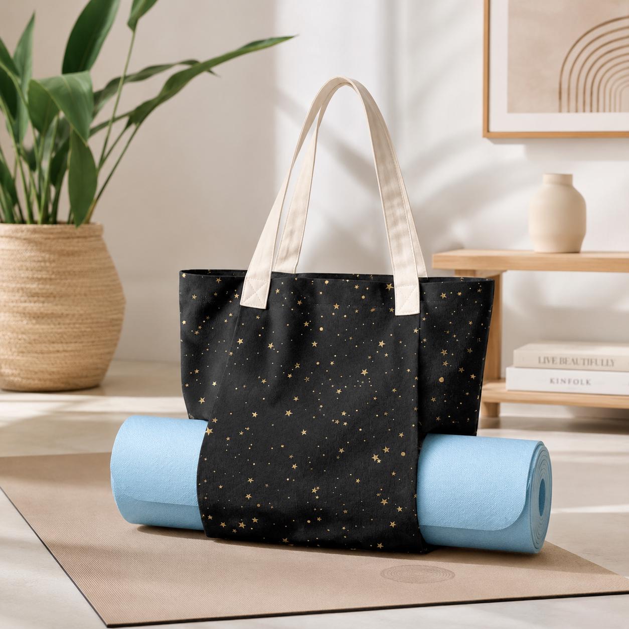 Gold Star Black Canvas Tote Bag, Celestial Night Shoulder Bag, Yoga Work Carry