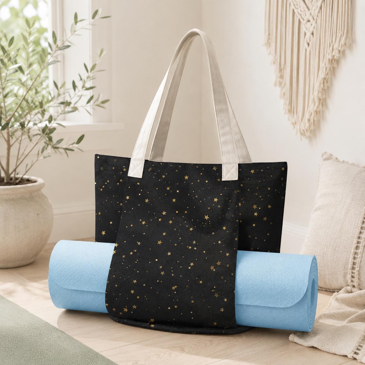 Gold Star Black Canvas Tote Bag, Celestial Night Shoulder Bag, Yoga Work Carry