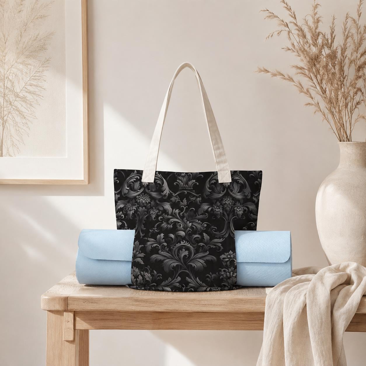 Dark Floral Tote Bag with Contrast Straps, Black and Deep Green Botanical Print