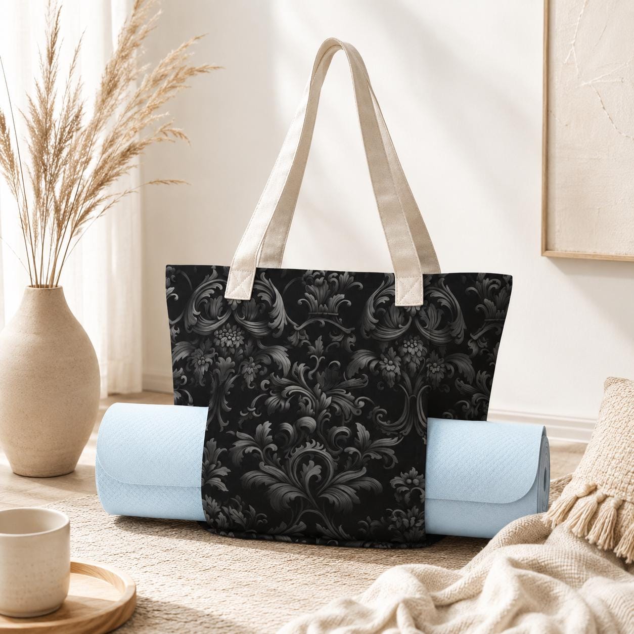Dark Floral Tote Bag with Contrast Straps, Black and Deep Green Botanical Print