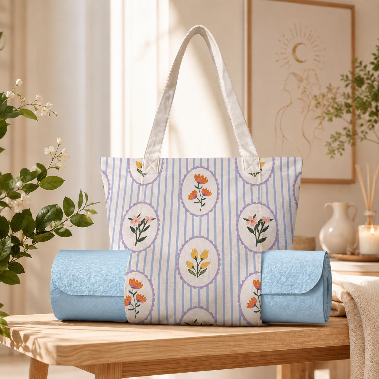 Blue Floral Yoga Mat Bag, Striped Block Print Tote, Pilates Class Carrier