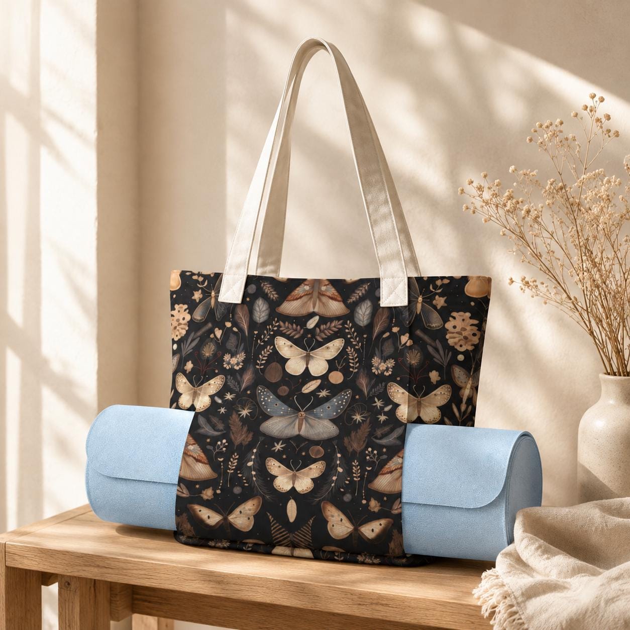 Moth and Butterfly Botanical Print Tote Bag with Cream Shoulder Straps