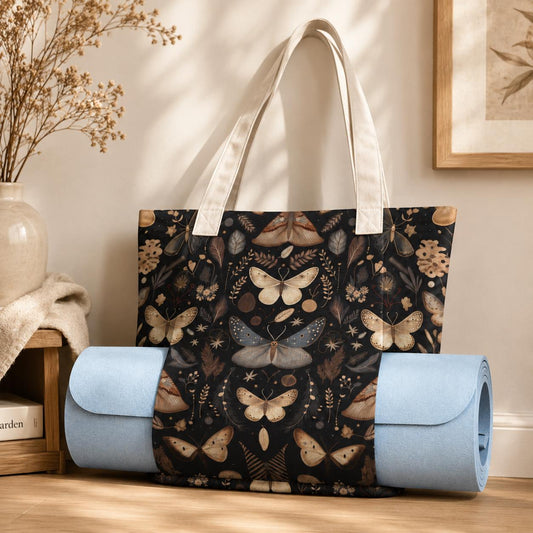 Moth and Butterfly Botanical Print Tote Bag with Cream Shoulder Straps
