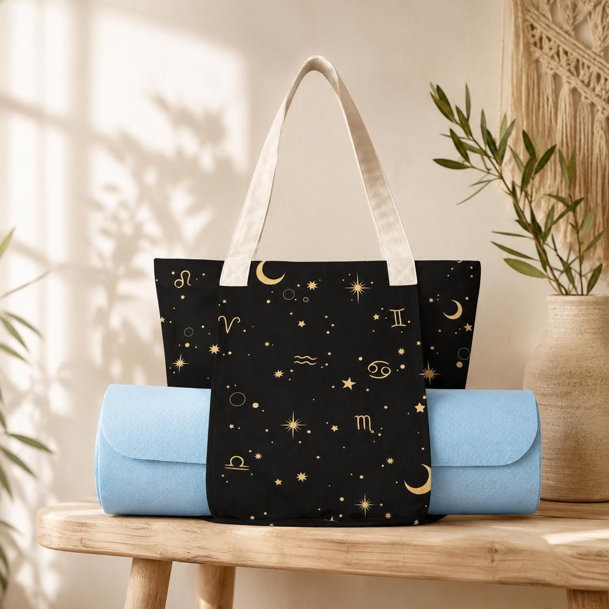 Black Canvas Zodiac Yoga Mat Tote, Gold Celestial Print, Studio Gym Bag