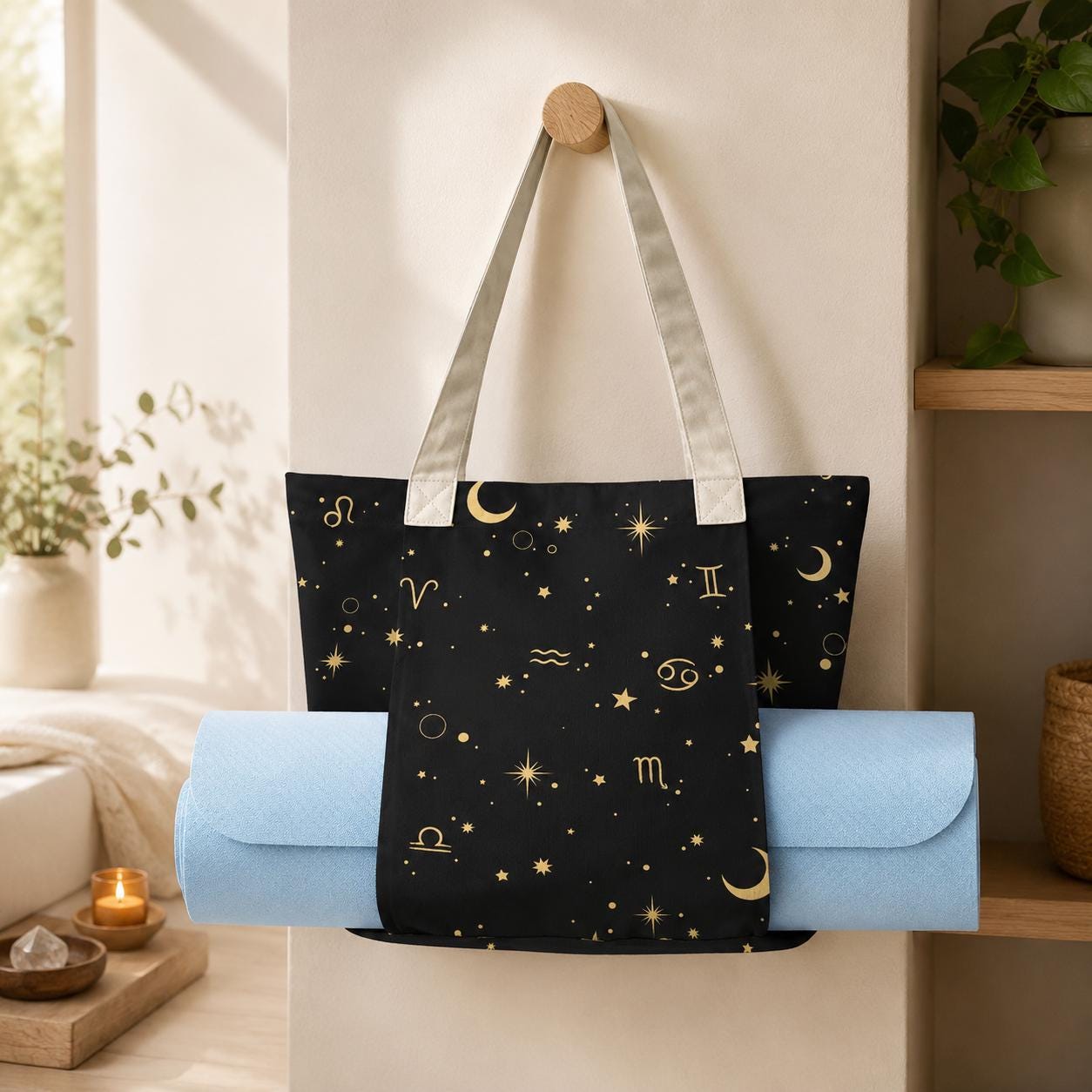 Black Canvas Zodiac Yoga Mat Tote, Gold Celestial Print, Studio Gym Bag