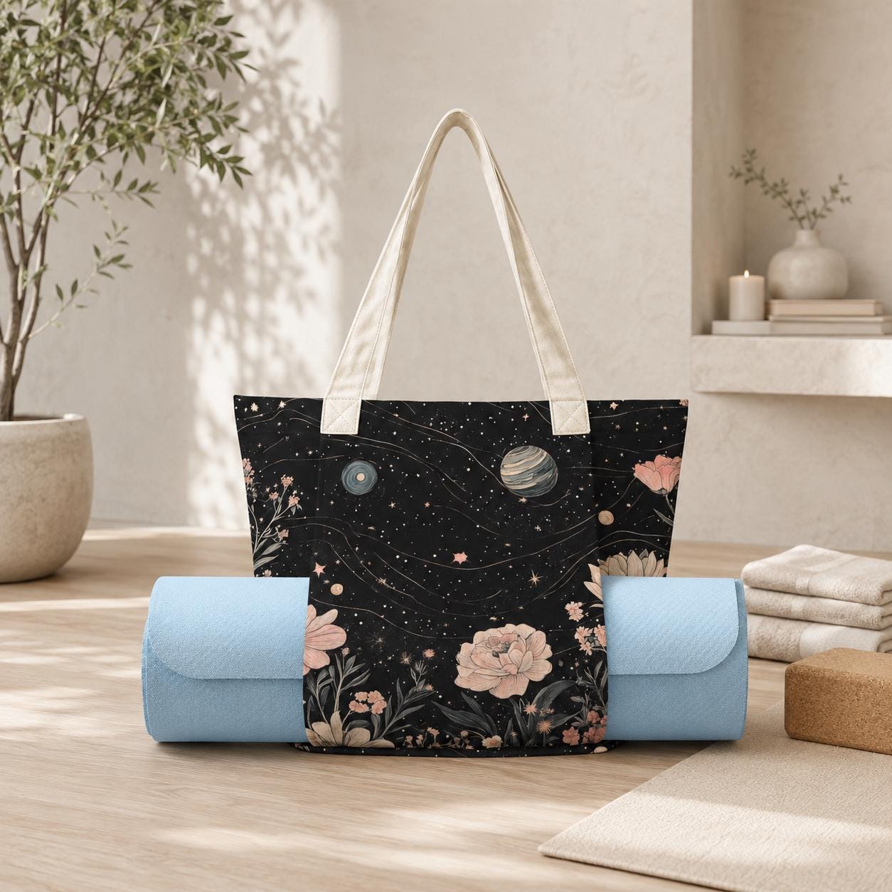 Celestial Floral Tote Bag, Pink Roses, Planets and Stars on Black