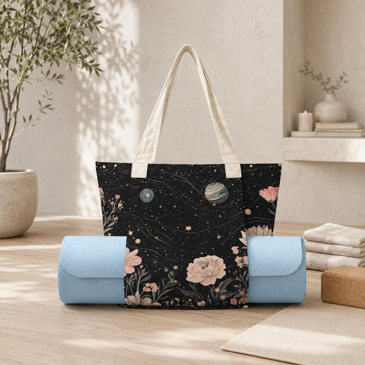 Celestial Floral Tote Bag, Pink Roses, Planets and Stars on Black