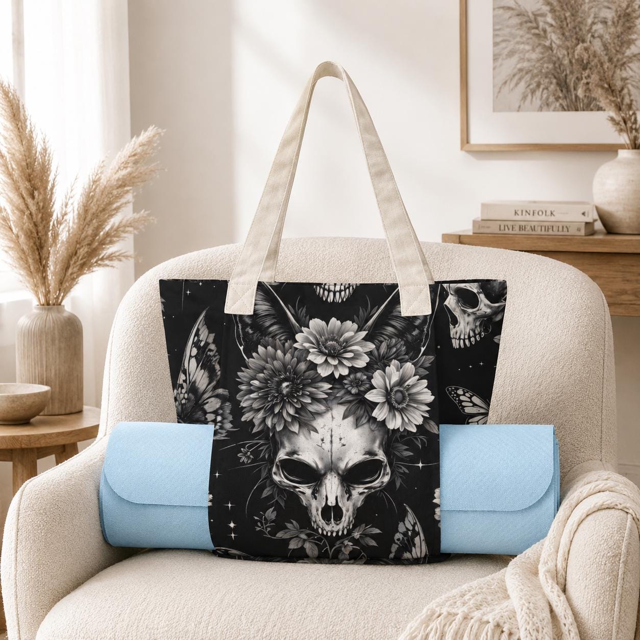 Skull and Sunflower Tote Bag in Black and White Gothic Floral Print