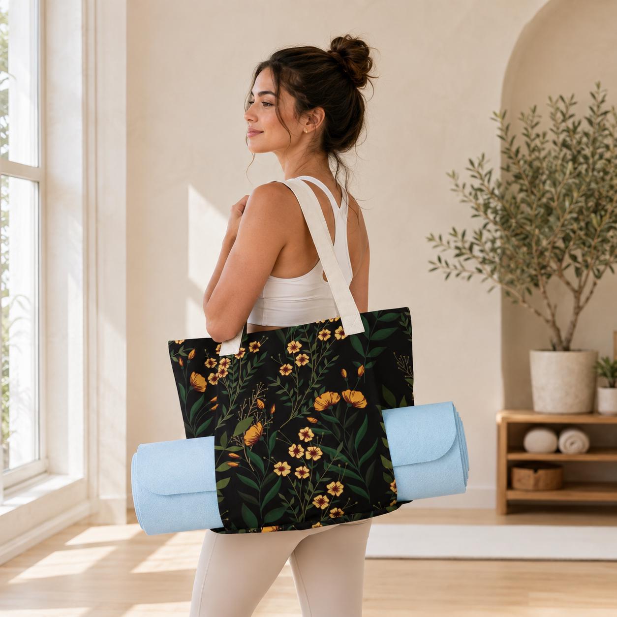Black Wildflower Yoga Tote Bag, Orange Floral Gym Bag, Botanical Workout Carryall