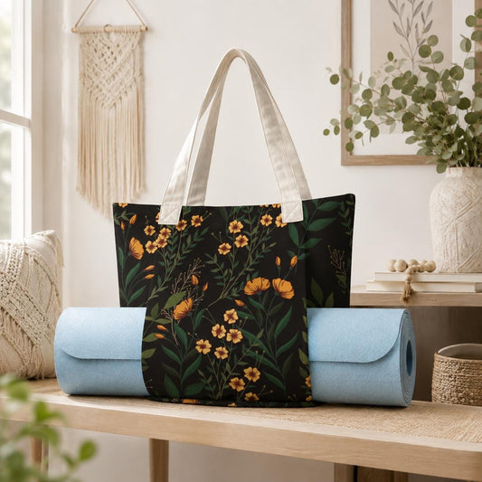Black Wildflower Yoga Tote Bag, Orange Floral Gym Bag, Botanical Workout Carryall