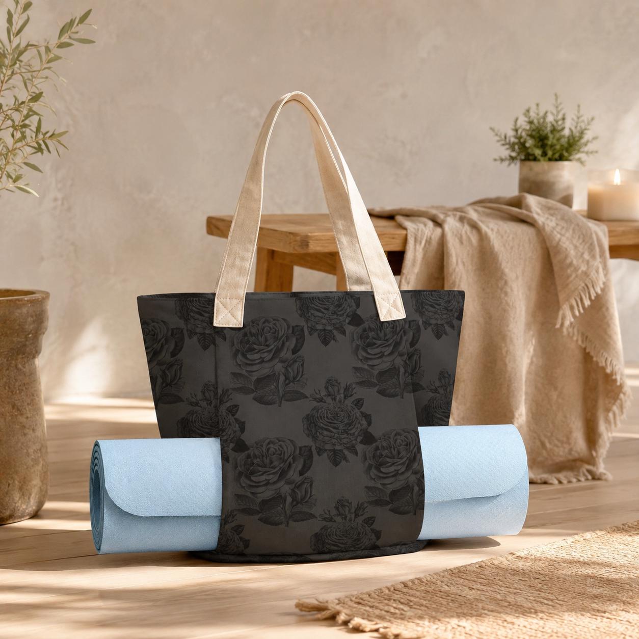 Gothic Black Rose Yoga Mat Bag, Dark Floral Tote with Mat Holder