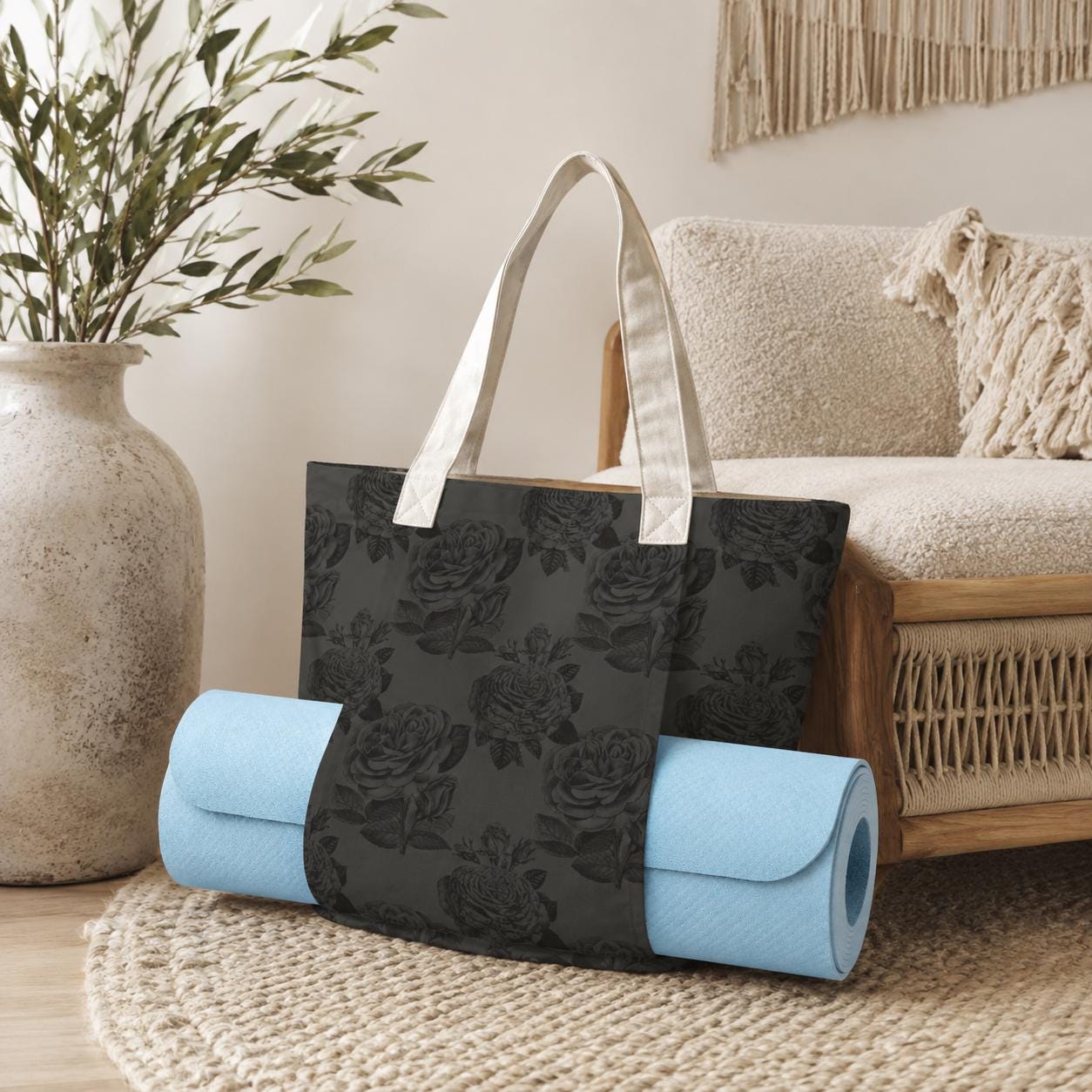 Gothic Black Rose Yoga Mat Bag, Dark Floral Tote with Mat Holder