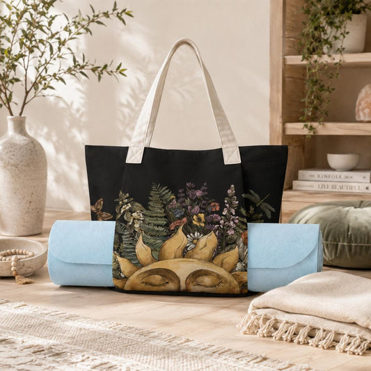 Cottagecore Yoga Mat Bag, Botanical Sun Face Tote, Wildflower Dragonfly Print, Cream Straps