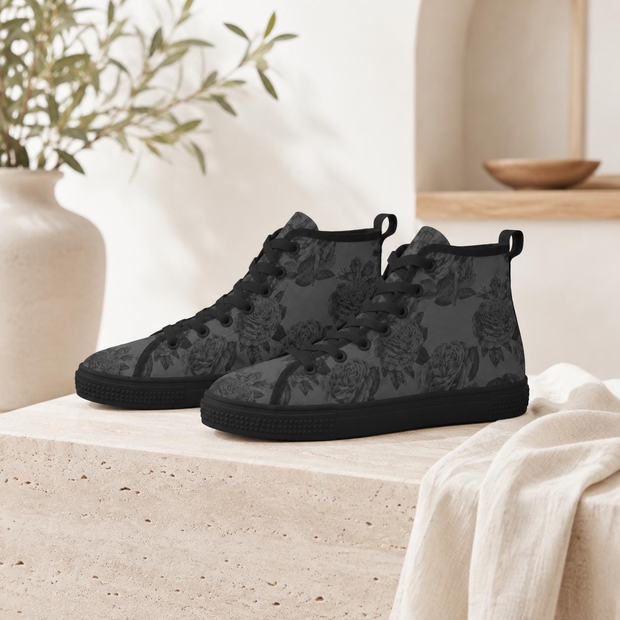 Gray and Black Rose Print High Top Sneakers with Lace Up Front
