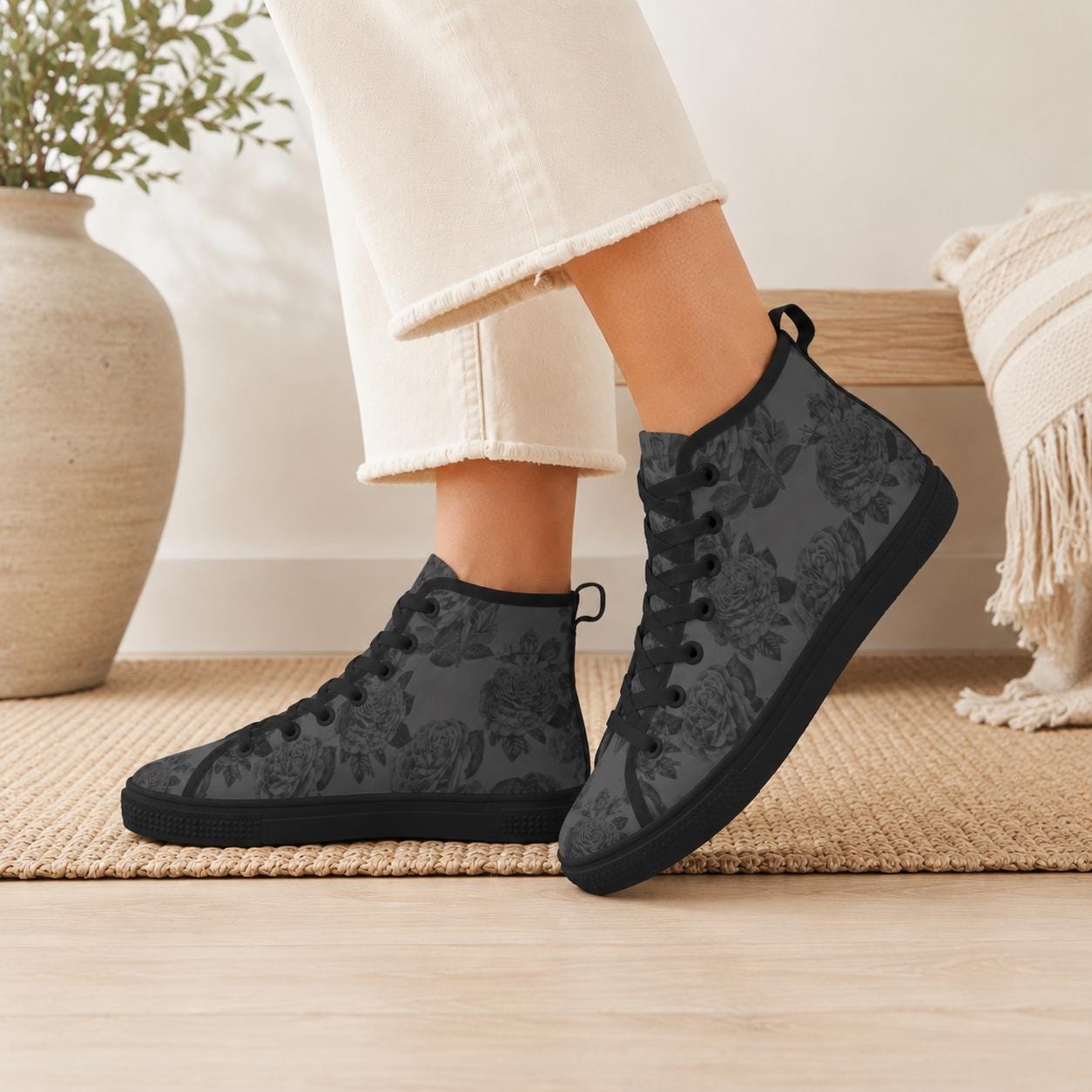 Gray and Black Rose Print High Top Sneakers with Lace Up Front