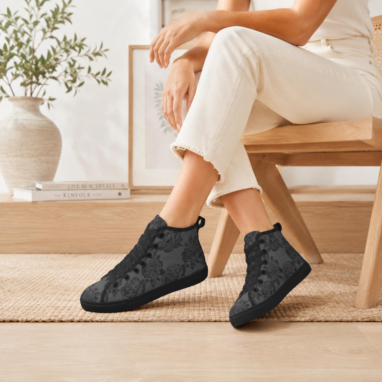 Gray and Black Rose Print High Top Sneakers with Lace Up Front