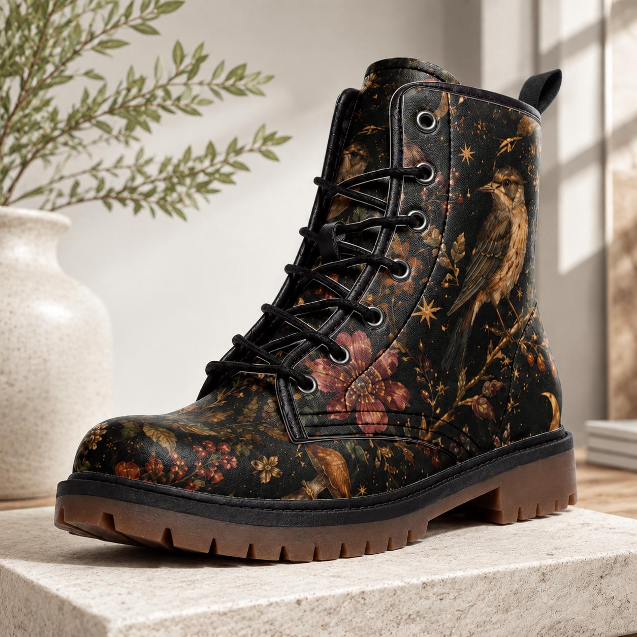Dark Floral Bird Print Combat Boots, Vintage Botanical Lace Up Shoes