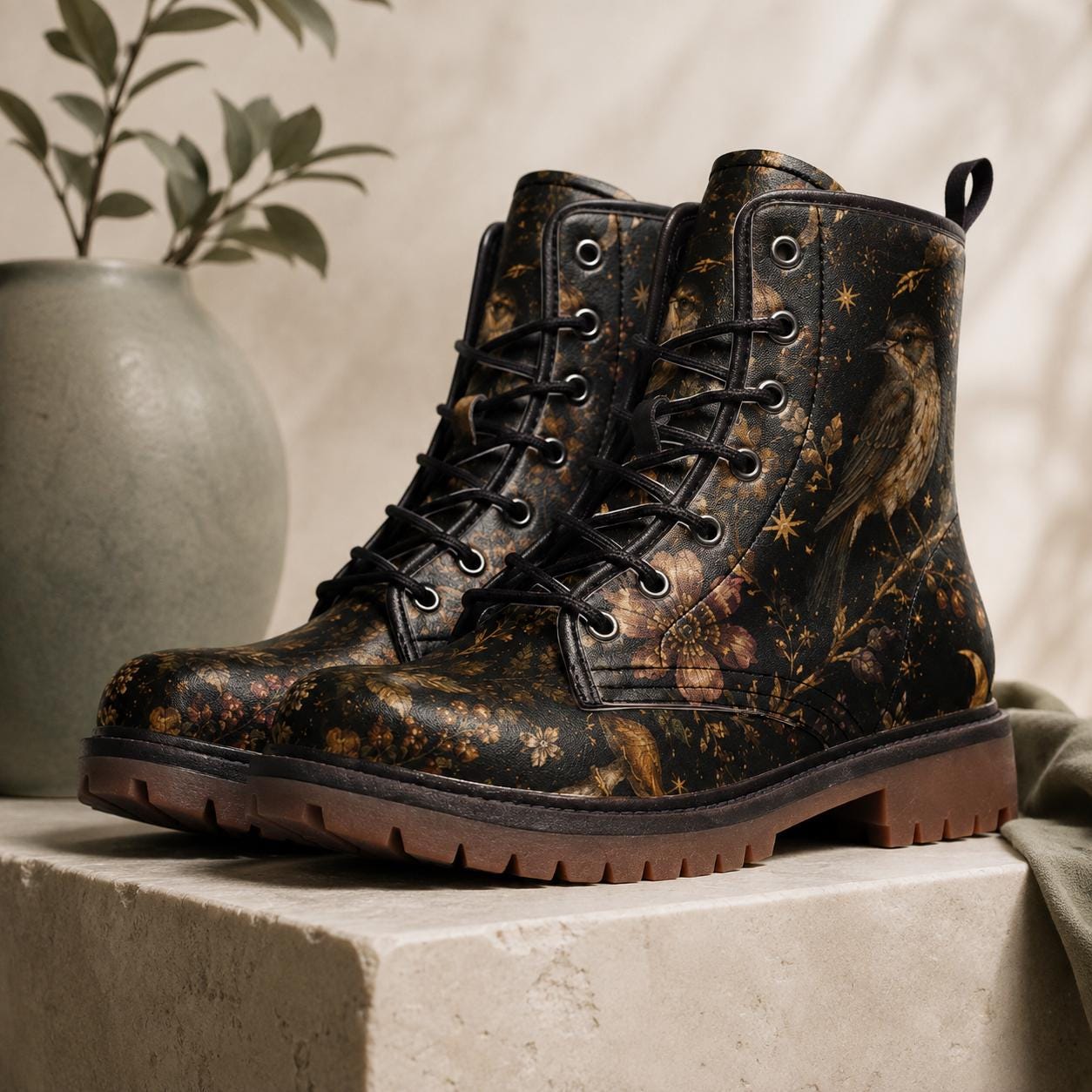 Dark Floral Bird Print Combat Boots, Vintage Botanical Lace Up Shoes