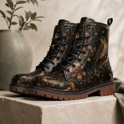 Dark Floral Bird Print Combat Boots, Vintage Botanical Lace Up Shoes