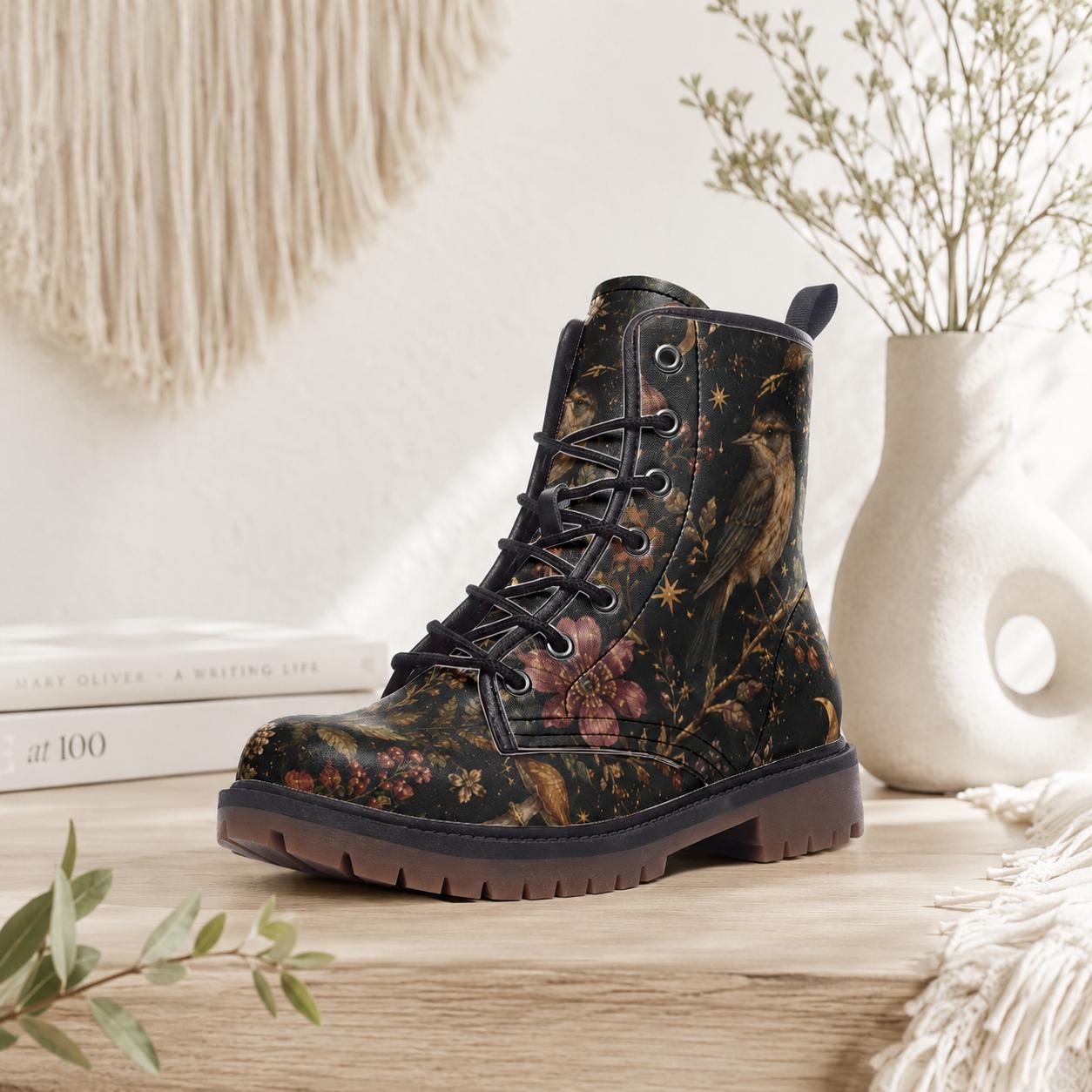 Dark Floral Bird Print Combat Boots, Vintage Botanical Lace Up Shoes