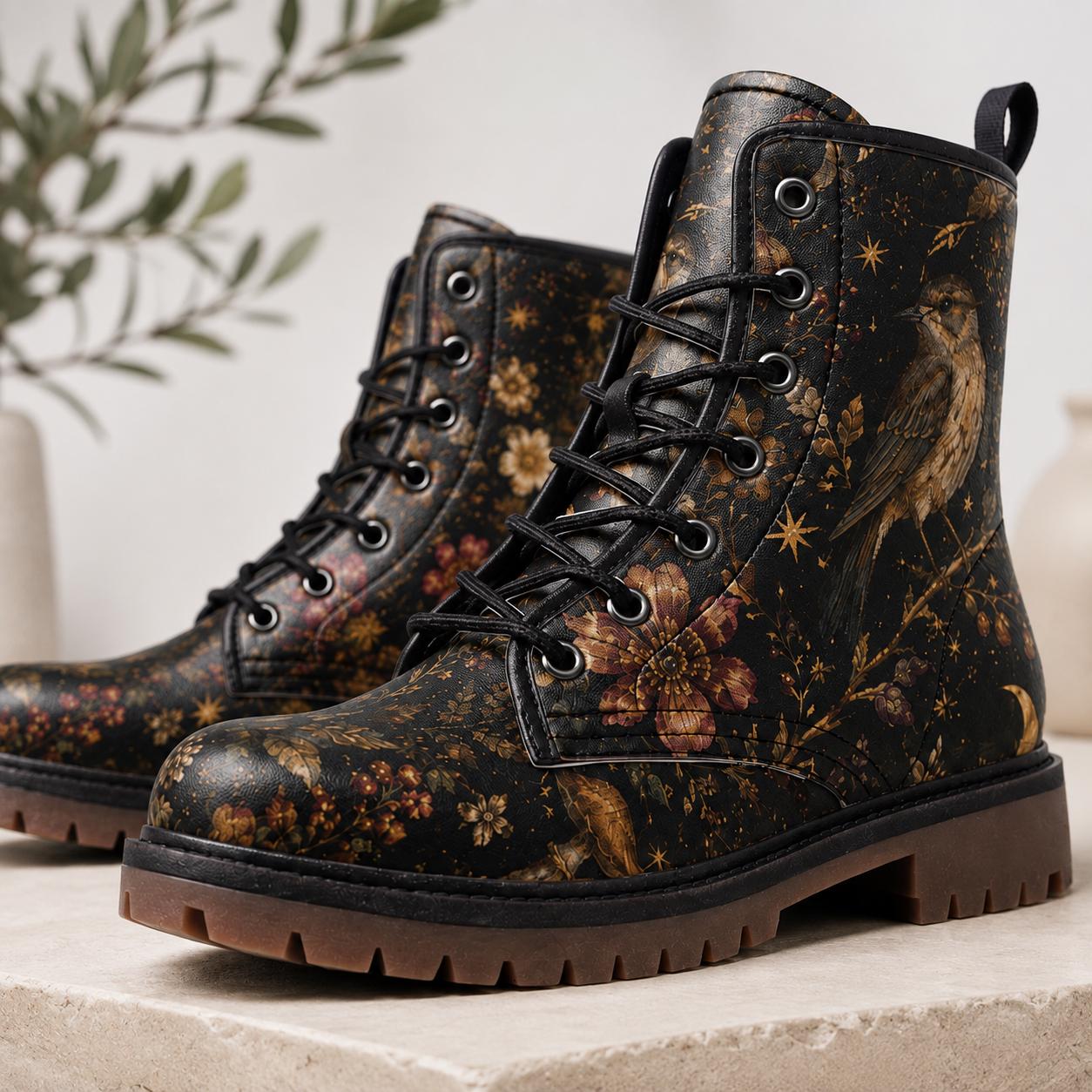 Dark Floral Bird Print Combat Boots, Vintage Botanical Lace Up Shoes