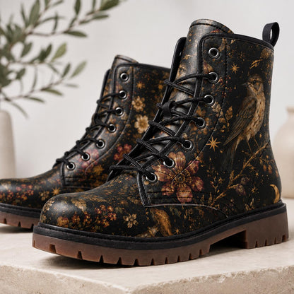 Dark Floral Bird Print Combat Boots, Vintage Botanical Lace Up Shoes