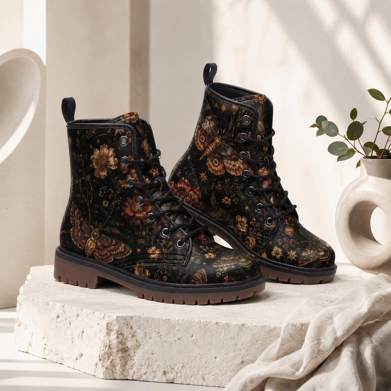 Dark Floral Moth Print Combat Boots with Lace Up Front