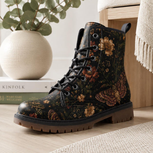 Dark Floral Moth Print Combat Boots with Lace Up Front