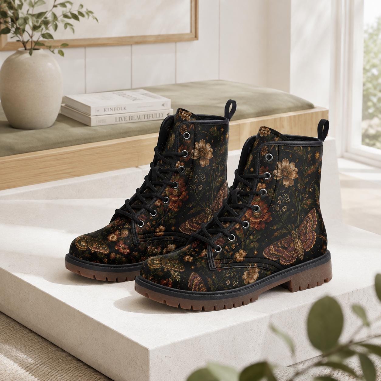 Dark Floral Moth Print Combat Boots with Lace Up Front