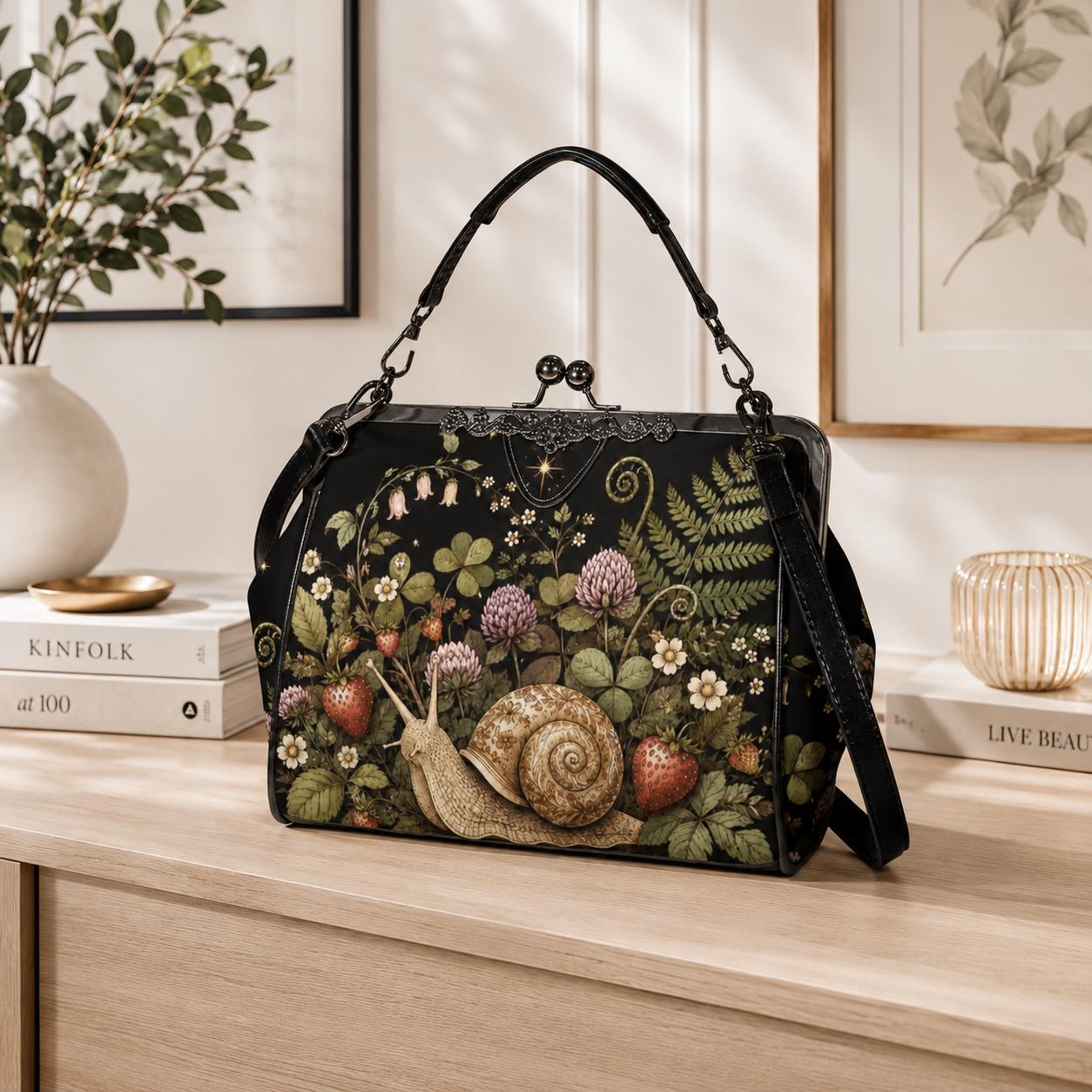 Strawberry Snail Kiss Lock Handbag, Dark Botanical Print Shoulder Bag