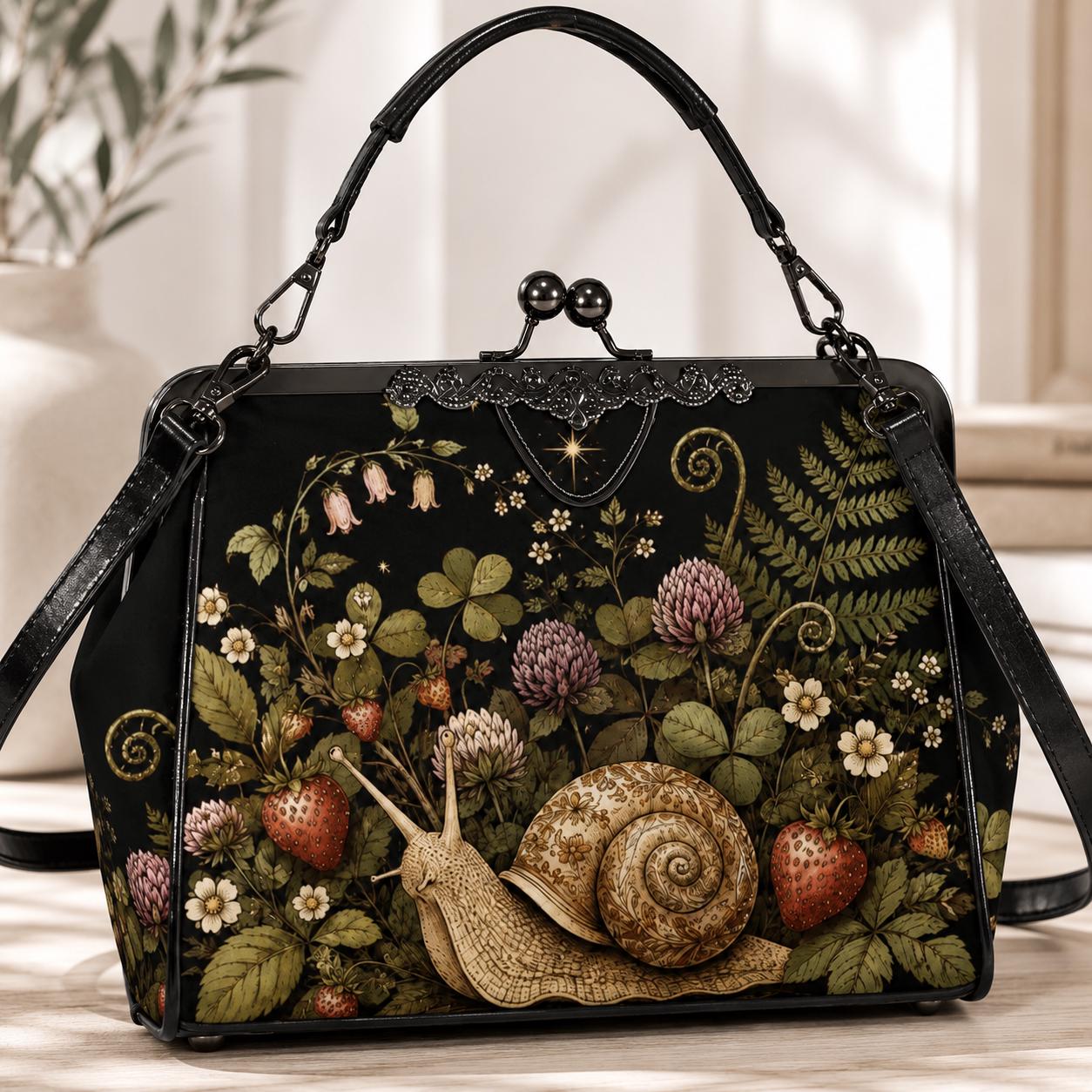 Strawberry Snail Kiss Lock Handbag, Dark Botanical Print Shoulder Bag