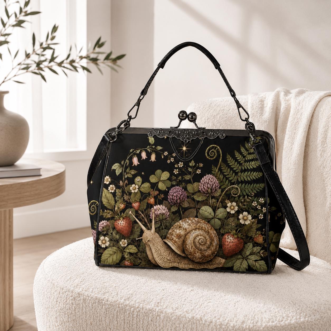 Strawberry Snail Kiss Lock Handbag, Dark Botanical Print Shoulder Bag