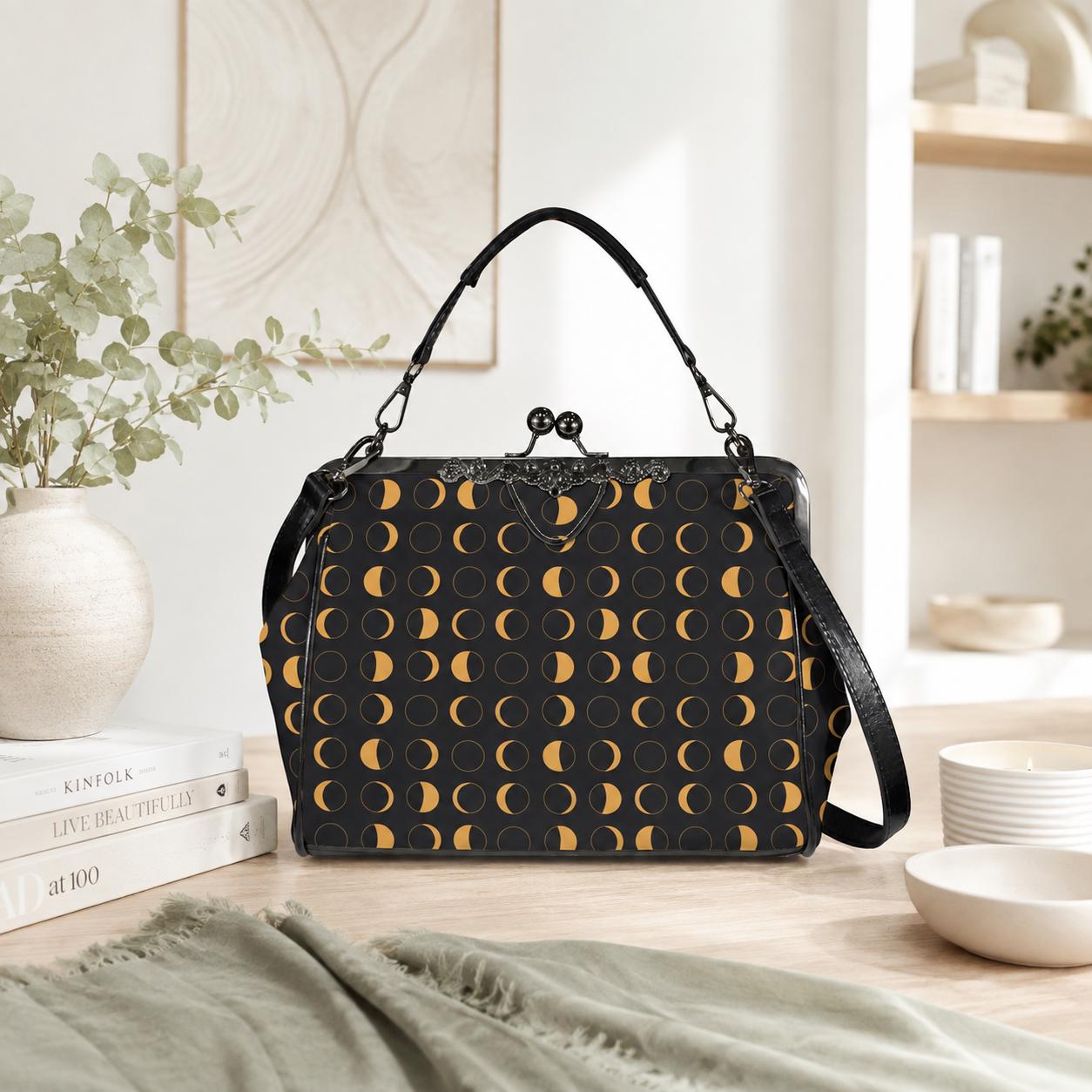 Moon Phase Kiss Lock Handbag, Gold Celestial Black Shoulder Bag
