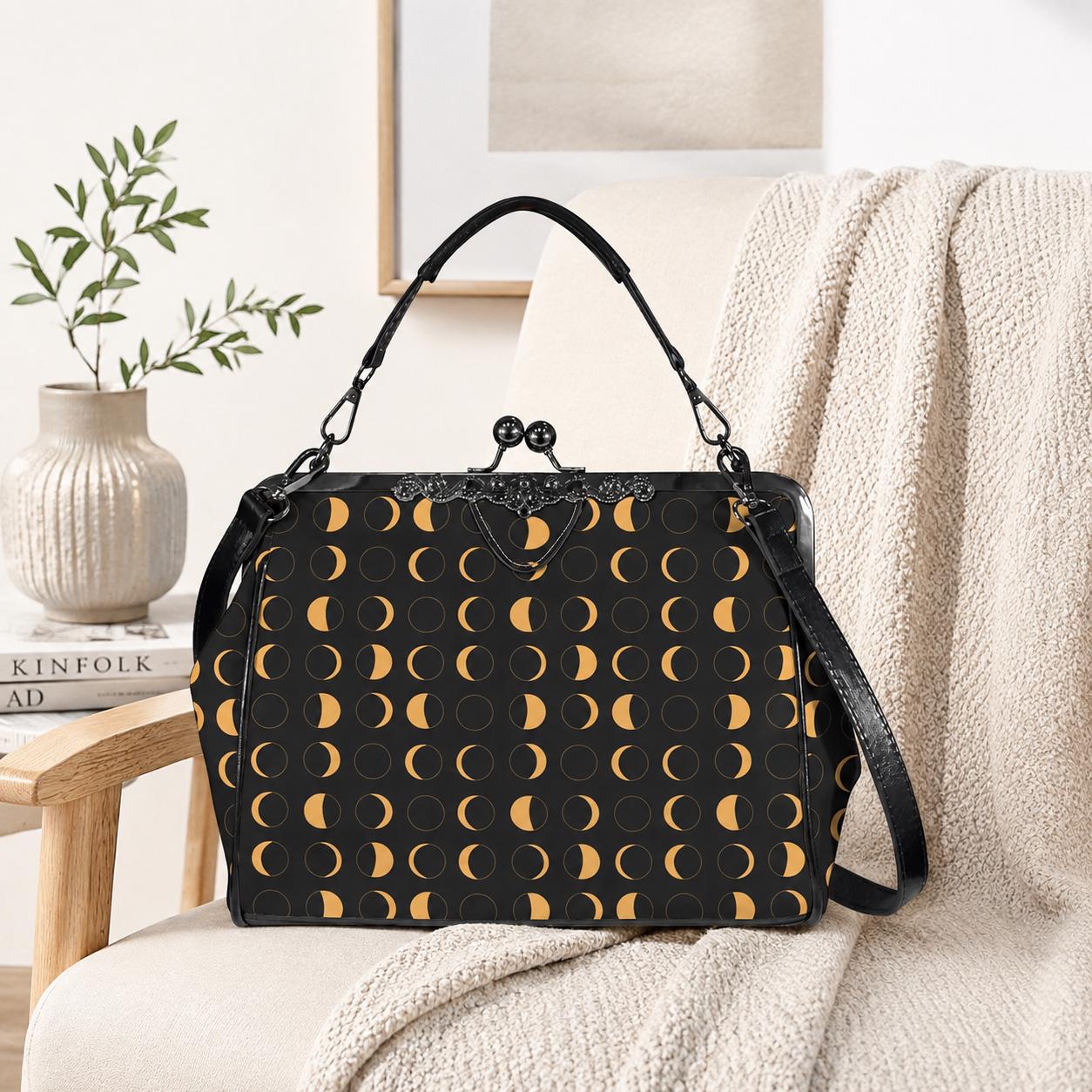 Moon Phase Kiss Lock Handbag, Gold Celestial Black Shoulder Bag
