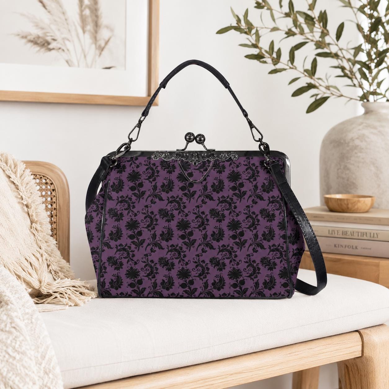 Purple and Black Damask Kiss Lock Handbag with Crossbody Strap