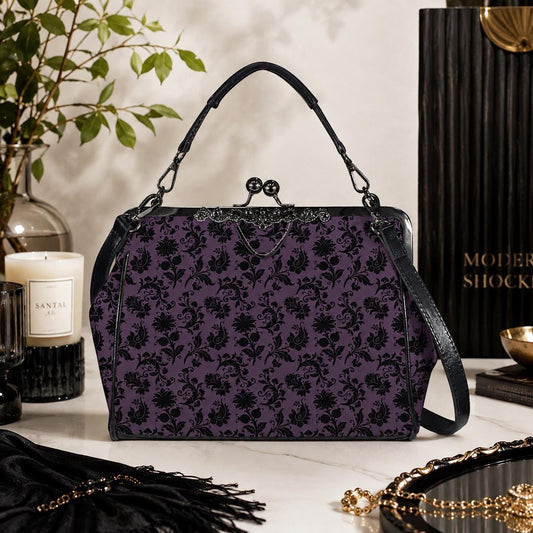 Purple and Black Damask Kiss Lock Handbag with Crossbody Strap