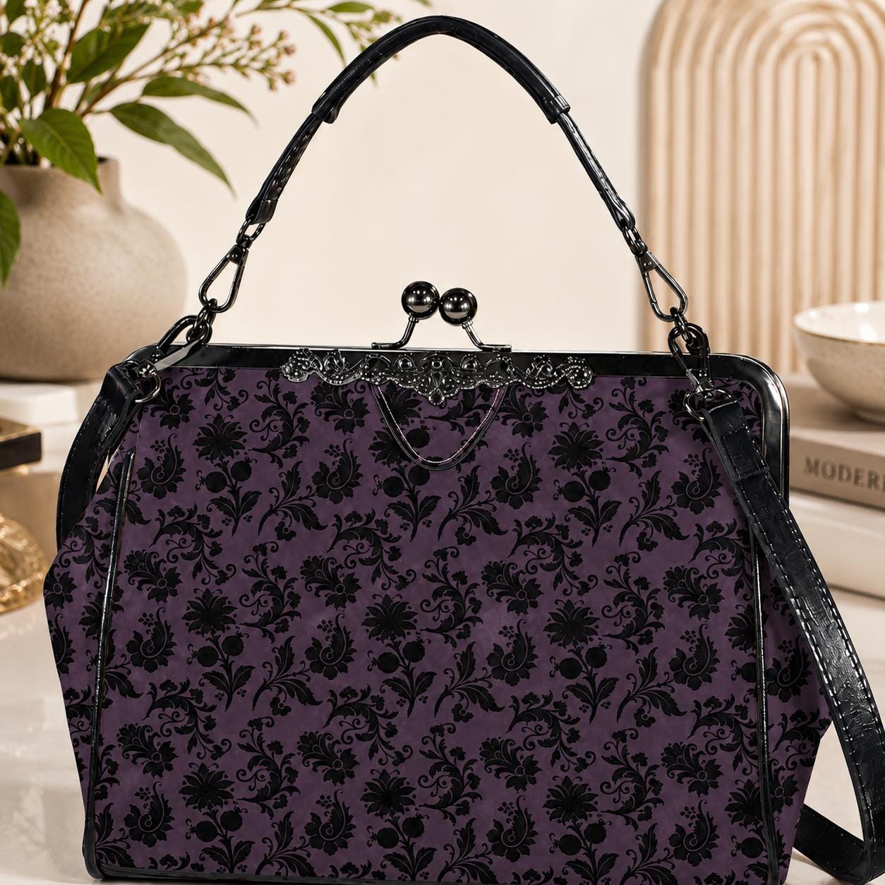 Purple and Black Damask Kiss Lock Handbag with Crossbody Strap