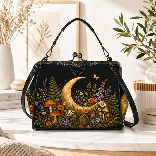 Cottagecore Mushroom Purse, Crescent Moon, Ferns, Kiss Lock Handbag