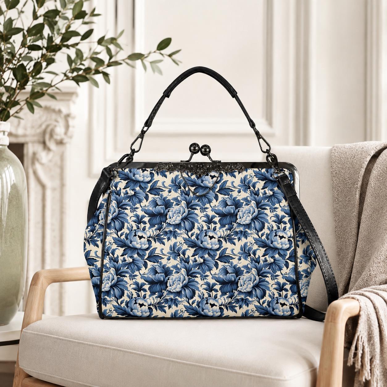 Blue Peony Chinoiserie Kiss-Lock PU Leather Crossbody Bag