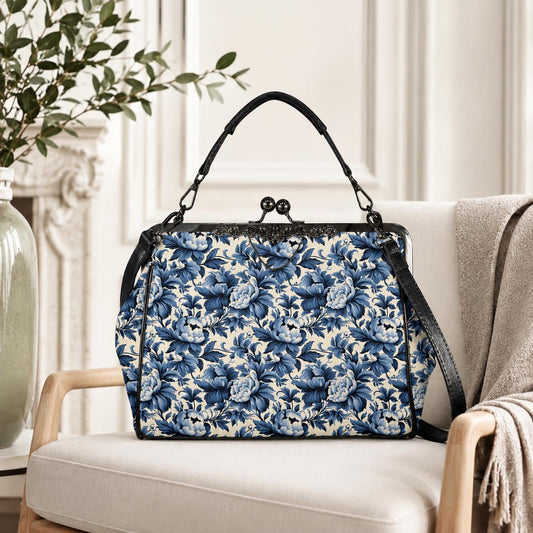 Blue Peony Chinoiserie Kiss-Lock PU Leather Crossbody Bag