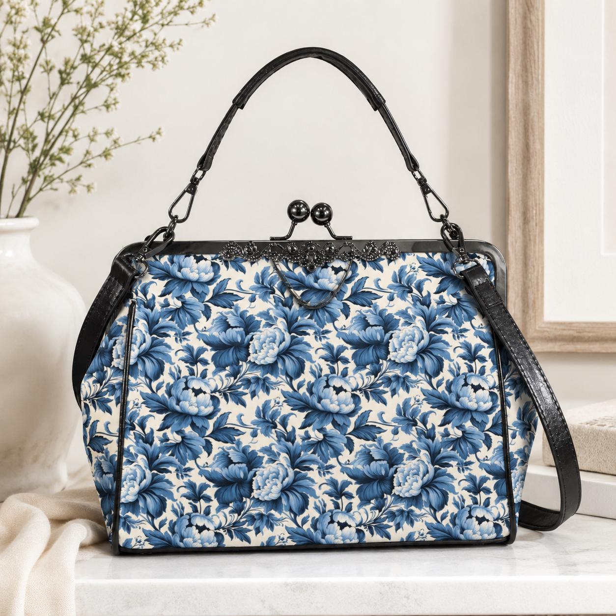 Blue Peony Chinoiserie Kiss-Lock PU Leather Crossbody Bag