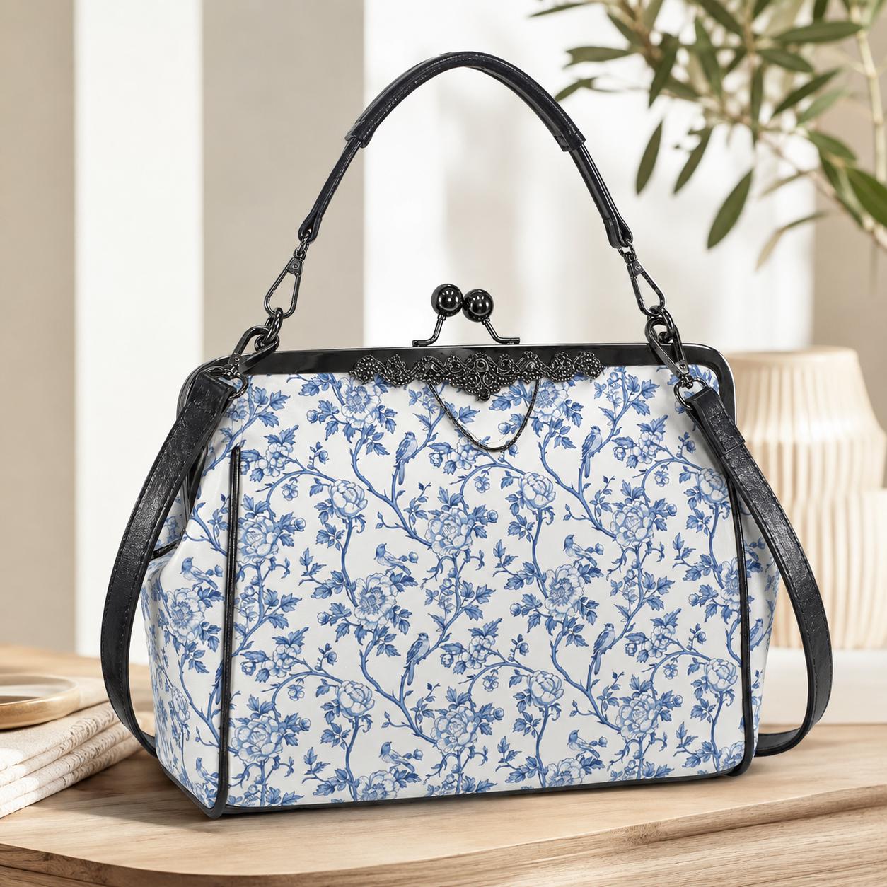 Blue Chinoiserie Floral Kiss-Lock PU Leather Crossbody Bag
