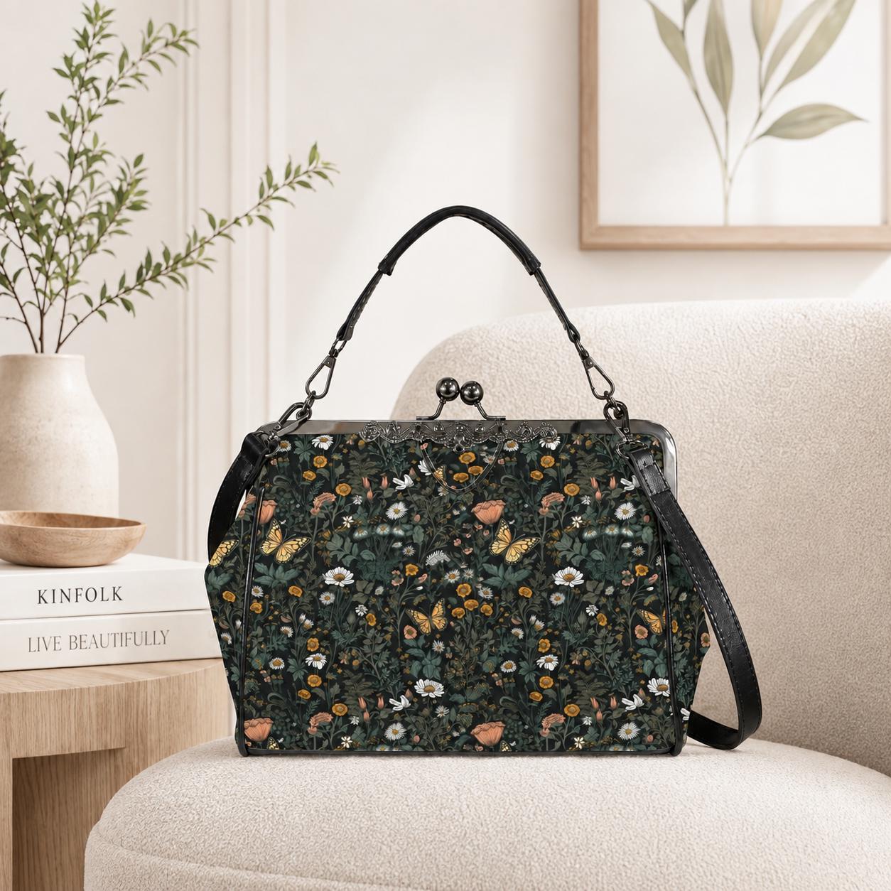 Dark Wildflower Butterfly Kiss-Lock PU Leather Crossbody Bag