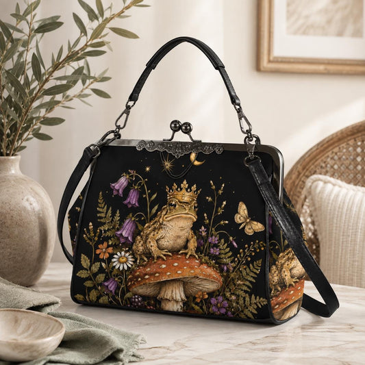 Frog King and Mushroom Print Kiss Lock Handbag with Crossbody Strap
