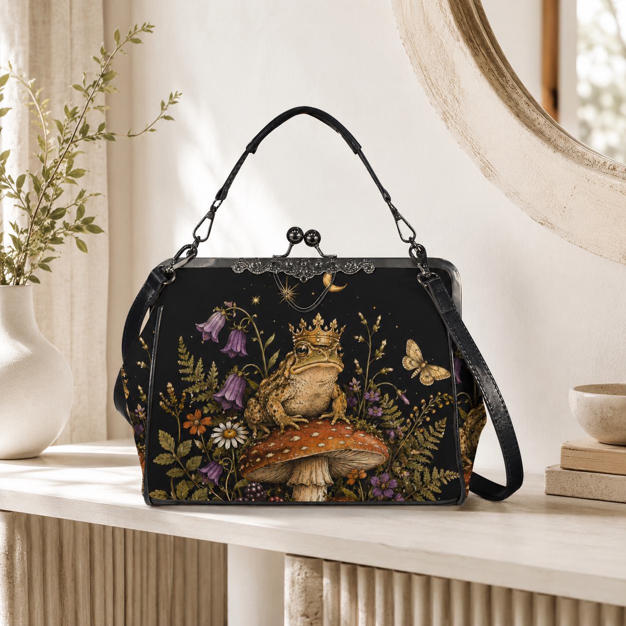 Frog King and Mushroom Print Kiss Lock Handbag with Crossbody Strap