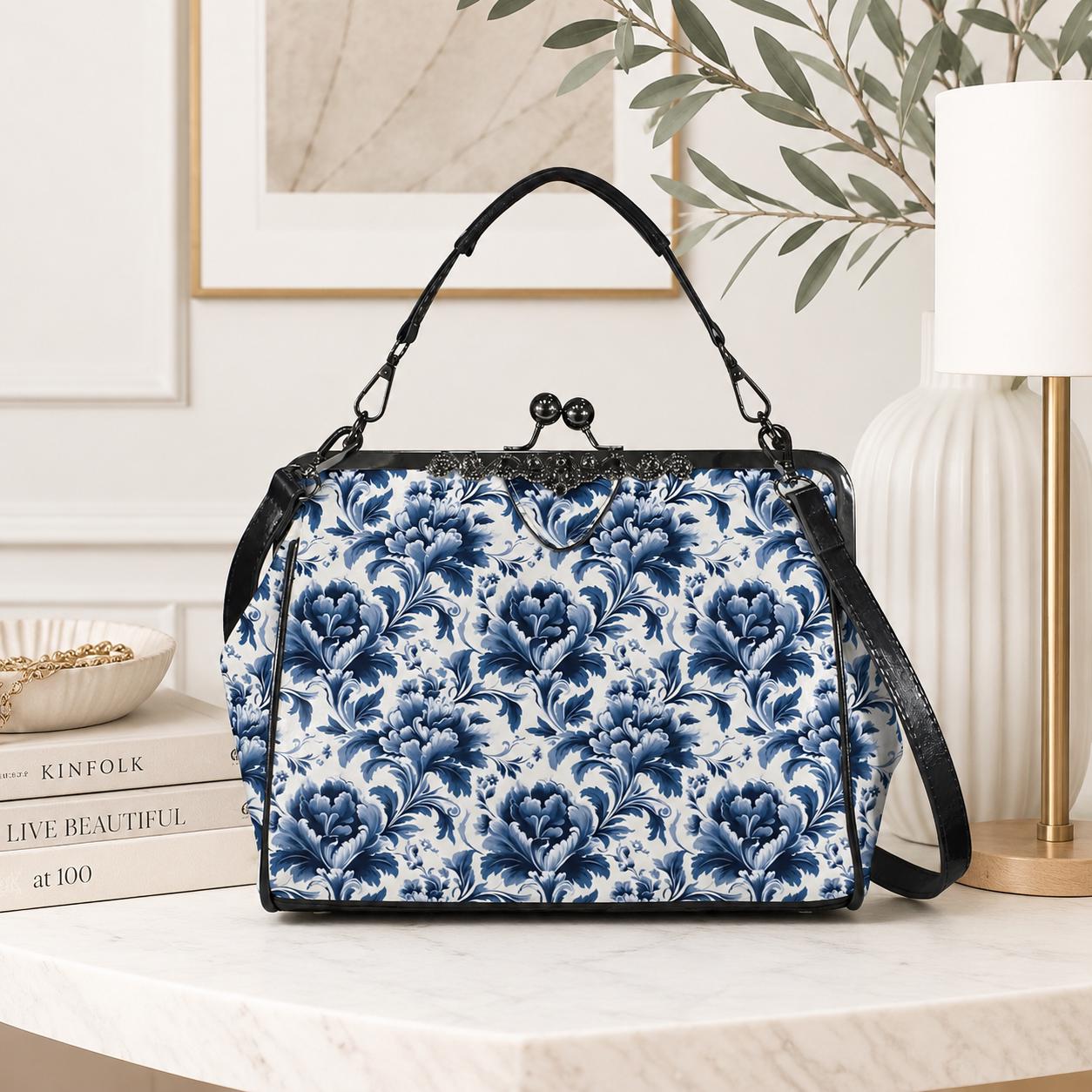 Blue Floral Kiss Lock Purse, Chinoiserie Porcelain Print Handbag, Vintage Style Crossbody Bag