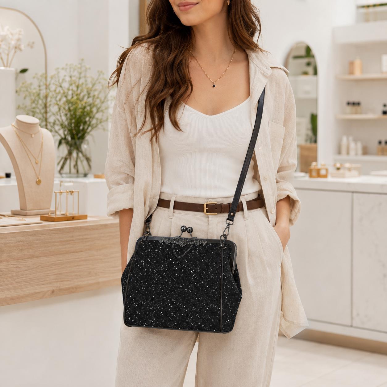 Black Starry Night Print Kiss Lock Handbag with Crossbody Strap