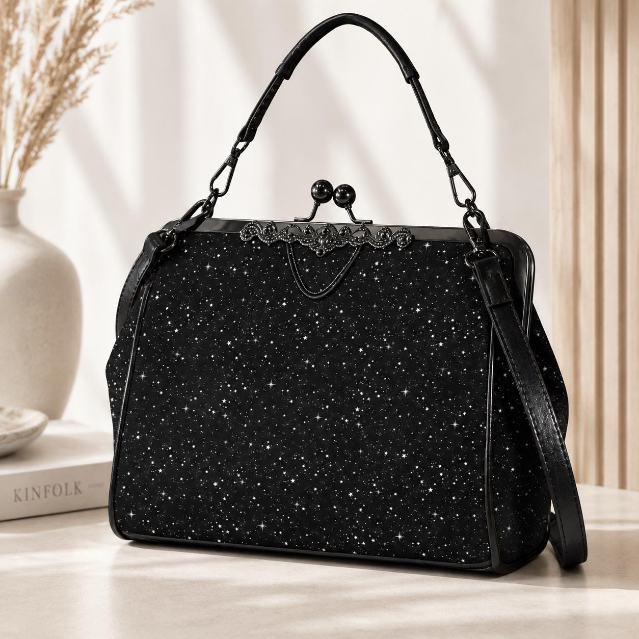Black Starry Night Print Kiss Lock Handbag with Crossbody Strap