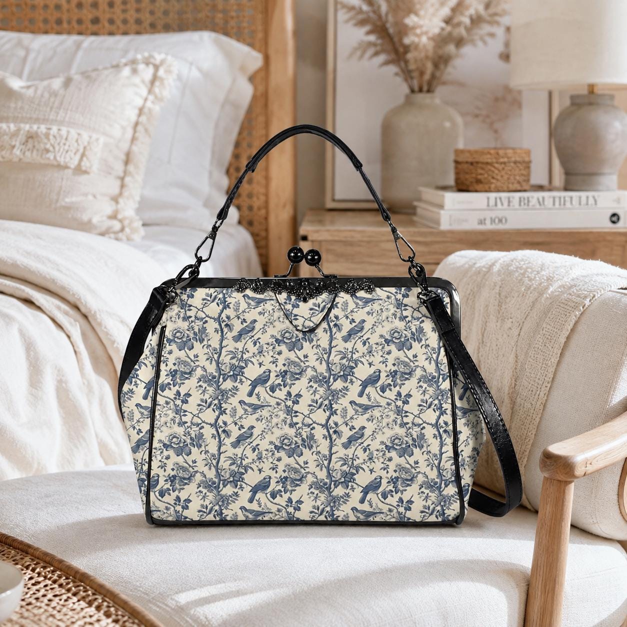 Sage Green Botanical Print Top Handle Purse with Removable Shoulder Strap